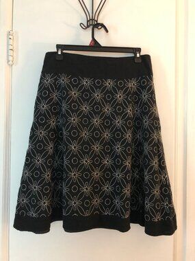 Willi Smith Linen A-line Side zip Skirt Embroidered Black White Lined Floral 8